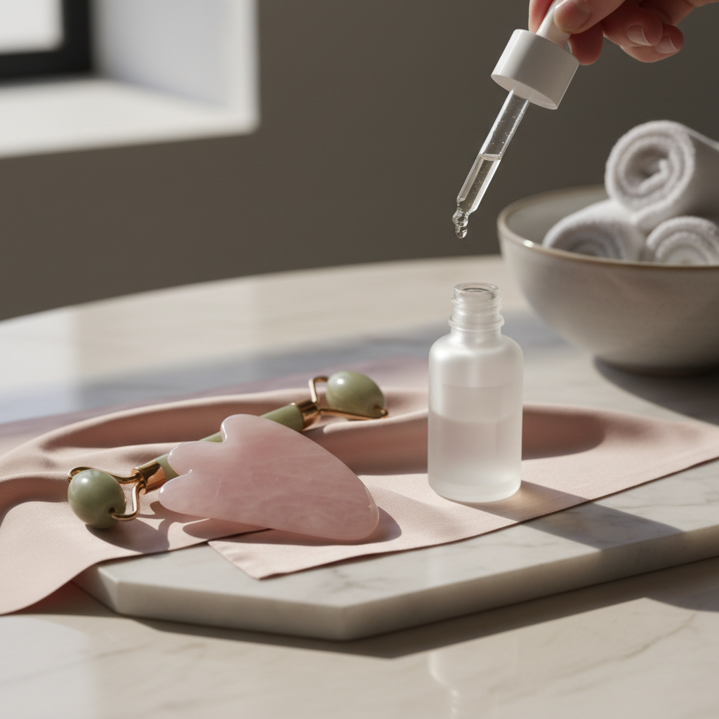 Rituel du matin — gua sha et rouleau sur soie